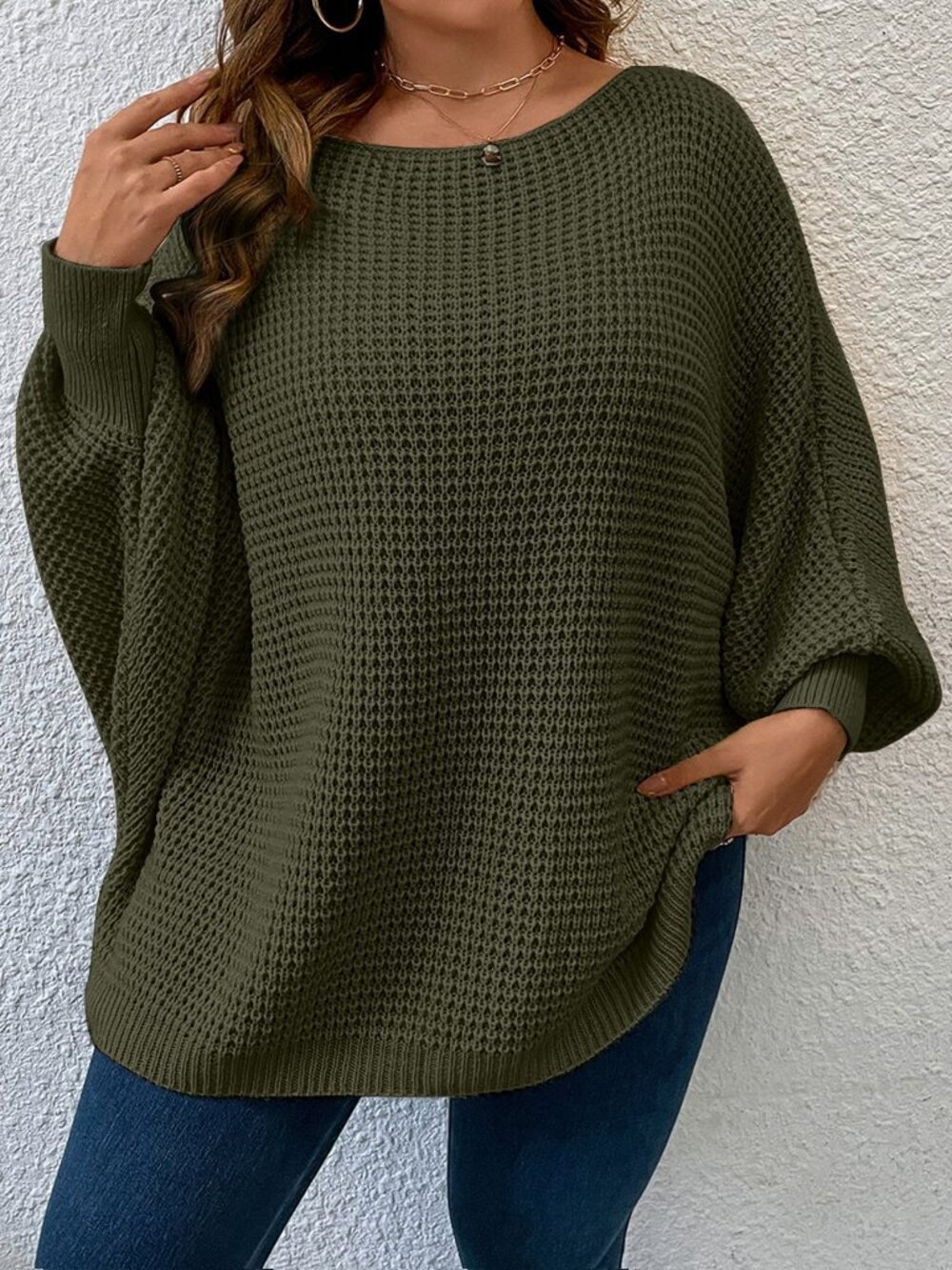 Dark Green Casual Women's Plus Batwing Sleeve knit Sweater top